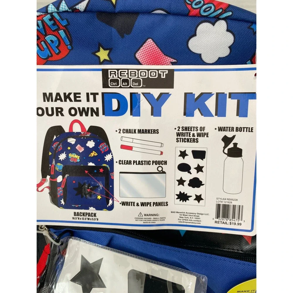 Reboot DIY Kit Backpack Boys OS Blue NEW Gamer Video Game Customize Water Bottle